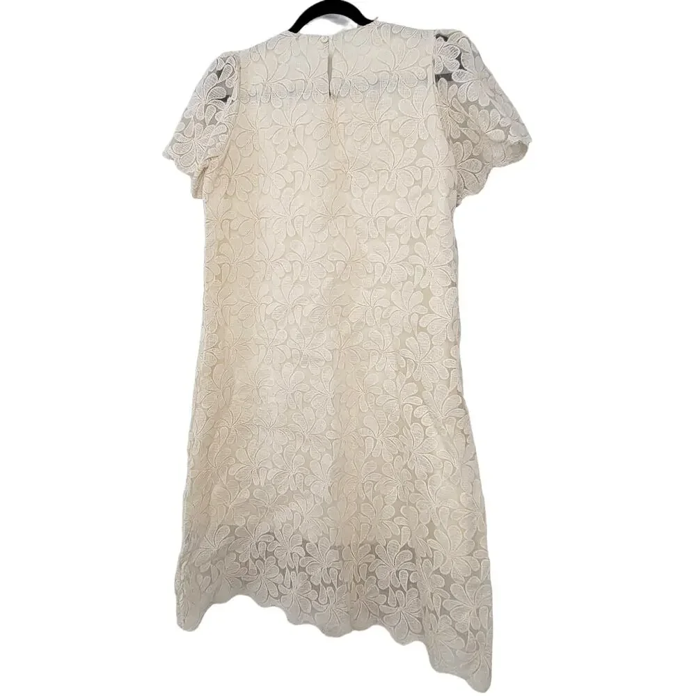 TheOpen Product Ivory Floral Applique Short Sleeve Shift Dress Women Sz S/M - Picture 4 of 7